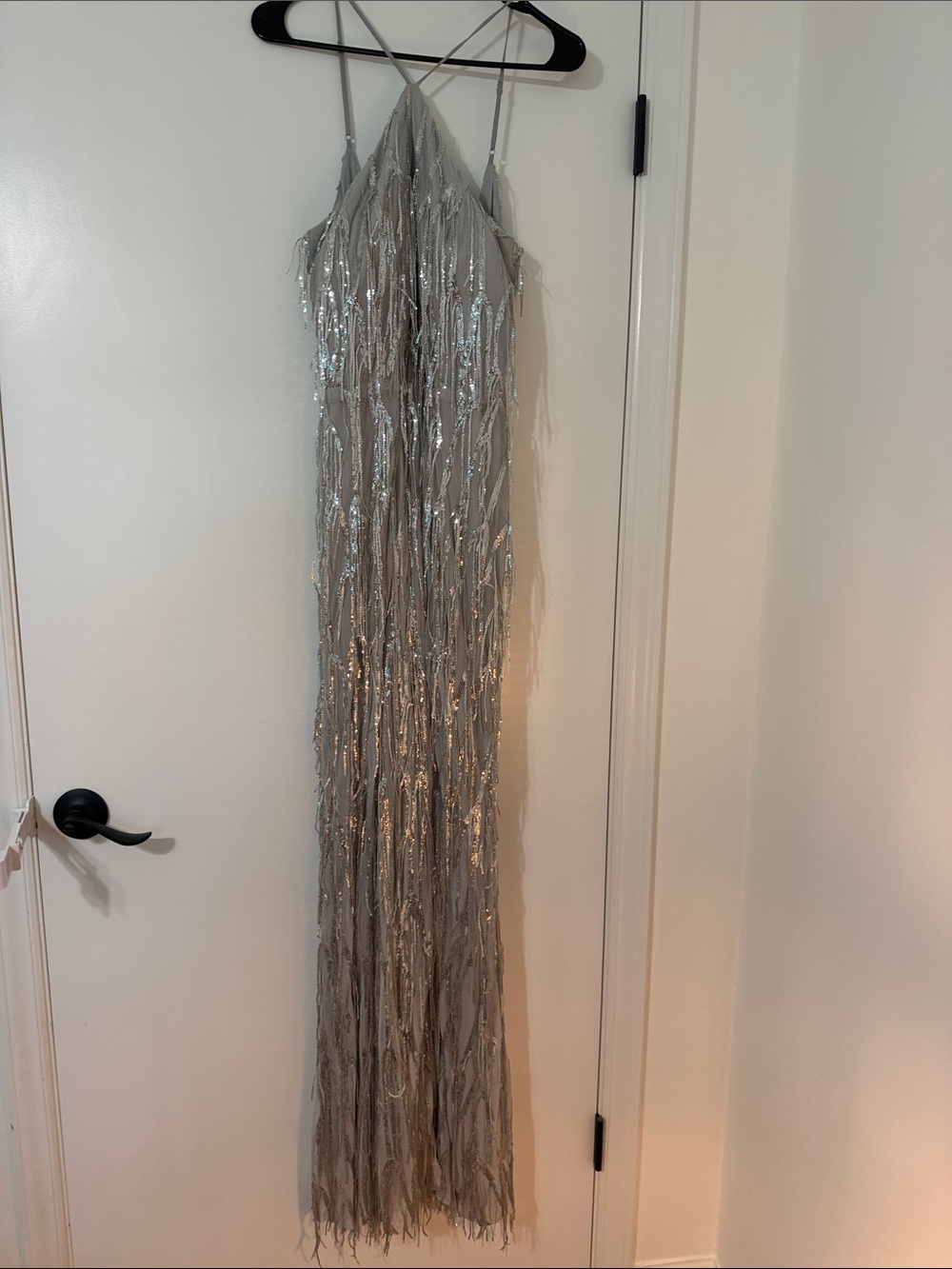 Silver Fringe Halter Prom Dress